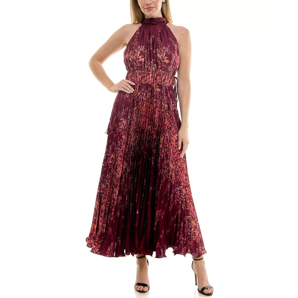 Taylor Floral Sunburst Pleated Halter Neck Cocktail Maxi Dress Burgundy Red